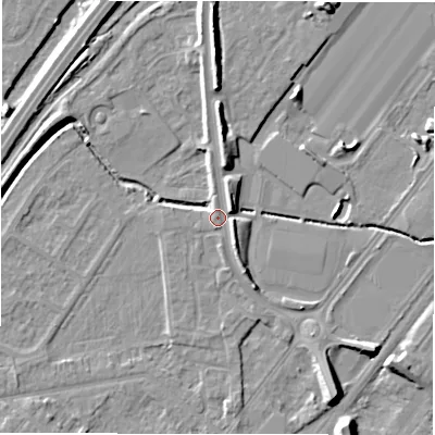 Shaded relief map of the ground around DE142BF, computed from Environment Agency LiDAR. The ground here sits at about 47 m above sea level and falls 9 m across the surrounding 800 m. Surface water reaching this point runs off ground lying to the north, 4.4 m higher.
