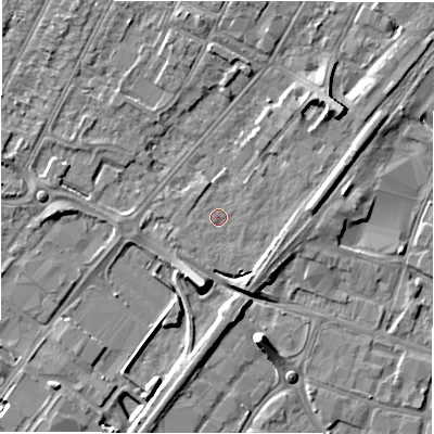 Shaded relief map of the ground around DE142BN, computed from Environment Agency LiDAR. The ground here sits at about 46 m above sea level and falls 8 m across the surrounding 800 m. Surface water reaching this point runs off ground lying to the south-west, 2.2 m higher.
