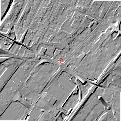 Shaded relief map of the ground around DE142BU, computed from Environment Agency LiDAR. The ground here sits at about 47 m above sea level and falls 8 m across the surrounding 800 m. Surface water reaching this point runs off ground lying to the south-east, 1.4 m higher.