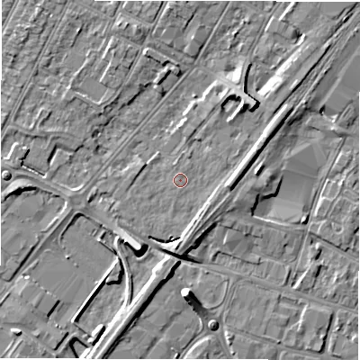 Shaded relief map of the ground around DE142BY, computed from Environment Agency LiDAR. The ground here sits at about 47 m above sea level and falls 8 m across the surrounding 800 m. Surface water reaching this point runs off ground lying to the east, 2.3 m higher.