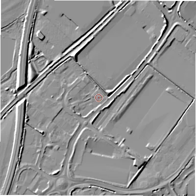 Shaded relief map of the ground around DE142BZ, computed from Environment Agency LiDAR. The ground here sits at about 47 m above sea level and falls 7 m across the surrounding 800 m. Surface water reaching this point runs off ground lying to the west-south-west, 4.4 m higher.