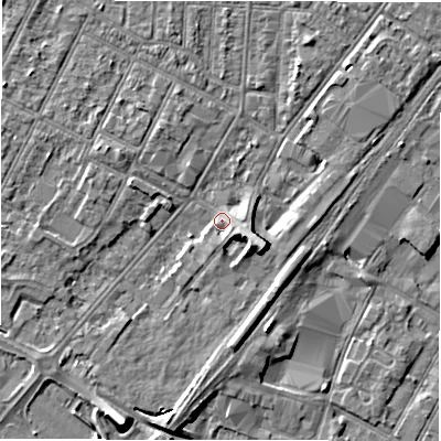 Shaded relief map of the ground around DE142DA, computed from Environment Agency LiDAR. The ground here sits at about 47 m above sea level and falls 8 m across the surrounding 800 m. Surface water reaching this point runs off ground lying to the south, 3.1 m higher.