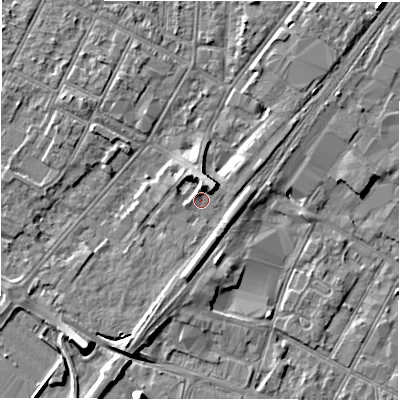 Shaded relief map of the ground around DE142DB, computed from Environment Agency LiDAR. The ground here sits at about 47 m above sea level and falls 8 m across the surrounding 800 m. Surface water reaching this point runs off ground lying to the north-east, 4.6 m higher.