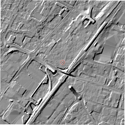 Shaded relief map of the ground around DE142DD, computed from Environment Agency LiDAR. The ground here sits at about 47 m above sea level and falls 8 m across the surrounding 800 m. Surface water reaching this point runs off ground lying to the south-east, 1.9 m higher.
