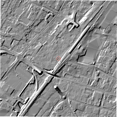 Shaded relief map of the ground around DE142DE, computed from Environment Agency LiDAR. The ground here sits at about 47 m above sea level and falls 8 m across the surrounding 800 m. Surface water reaching this point runs off ground lying to the east-north-east, 2.2 m higher.