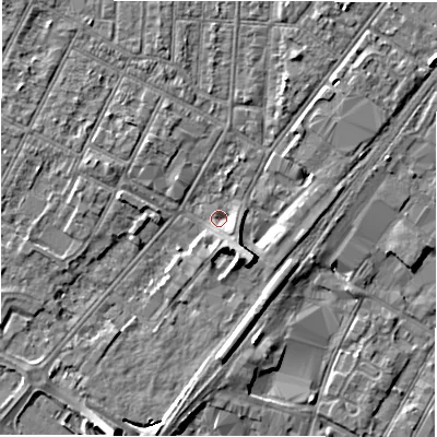 Shaded relief map of the ground around DE142DF, computed from Environment Agency LiDAR. The ground here sits at about 46 m above sea level and falls 8 m across the surrounding 800 m. Surface water reaching this point runs off ground lying to the south-east, 5.3 m higher.