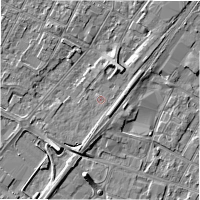 Shaded relief map of the ground around DE142DG, computed from Environment Agency LiDAR. The ground here sits at about 47 m above sea level and falls 8 m across the surrounding 800 m. Surface water reaching this point runs off ground lying to the south-south-east, 2.3 m higher.