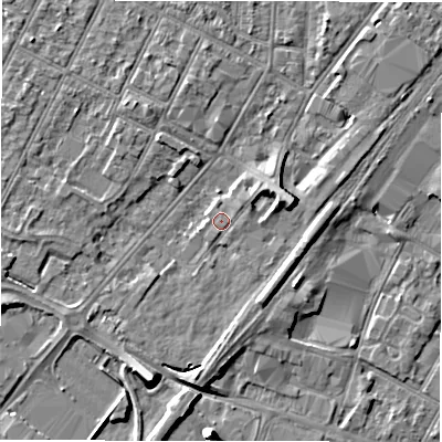 Shaded relief map of the ground around DE142DH, computed from Environment Agency LiDAR. The ground here sits at about 47 m above sea level and falls 8 m across the surrounding 800 m. Surface water reaching this point runs off ground lying to the south-south-west, 0.7 m higher.