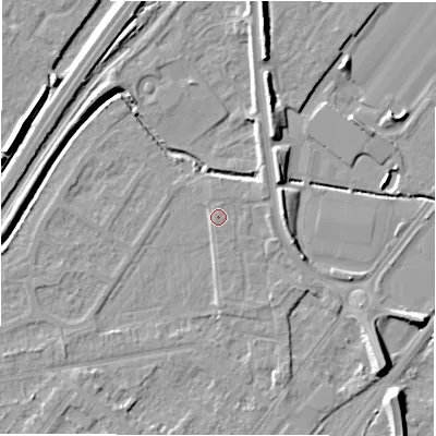 Shaded relief map of the ground around DE142DL, computed from Environment Agency LiDAR. The ground here sits at about 46 m above sea level and falls 9 m across the surrounding 800 m. Surface water reaching this point runs off ground lying to the south-west, 1.7 m higher.