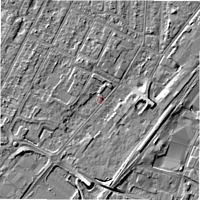 Shaded relief map of the ground around DE142DP, computed from Environment Agency LiDAR. The ground here sits at about 46 m above sea level and falls 8 m across the surrounding 800 m. Surface water reaching this point runs off ground lying to the east, 4.8 m higher.