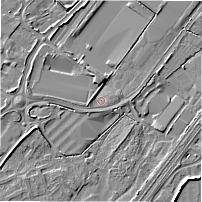 Shaded relief map of the ground around DE142DQ, computed from Environment Agency LiDAR. The ground here sits at about 47 m above sea level and falls 9 m across the surrounding 800 m. Surface water reaching this point runs off ground lying to the west, 2.5 m higher.