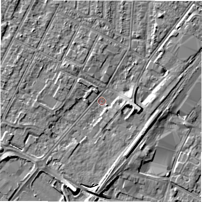 Shaded relief map of the ground around DE142DR, computed from Environment Agency LiDAR. The ground here sits at about 46 m above sea level and falls 8 m across the surrounding 800 m. Surface water reaching this point runs off ground lying to the east-south-east, 5.3 m higher.
