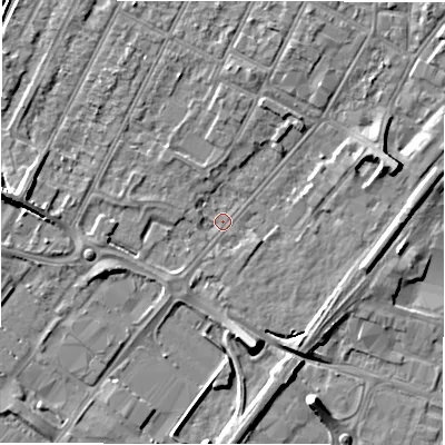 Shaded relief map of the ground around DE142DS, computed from Environment Agency LiDAR. The ground here sits at about 46 m above sea level and falls 7 m across the surrounding 800 m. Surface water reaching this point runs off ground lying to the west, 3.0 m higher.