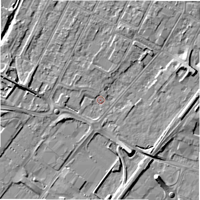 Shaded relief map of the ground around DE142DU, computed from Environment Agency LiDAR. The ground here sits at about 46 m above sea level and falls 7 m across the surrounding 800 m. Surface water reaching this point runs off ground lying to the west, 2.8 m higher.