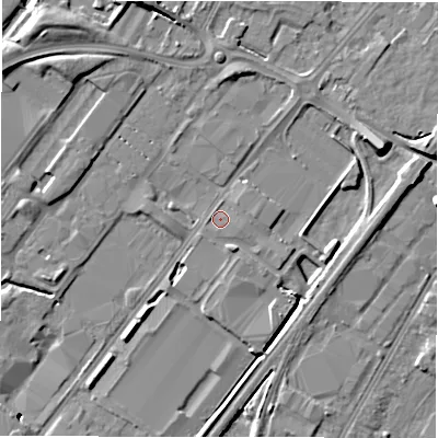 Shaded relief map of the ground around DE142DW, computed from Environment Agency LiDAR. The ground here sits at about 46 m above sea level and falls 11 m across the surrounding 800 m. Surface water reaching this point runs off ground lying to the east, 1.0 m higher.