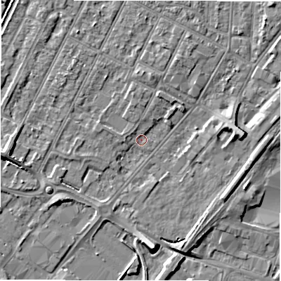 Shaded relief map of the ground around DE142DX, computed from Environment Agency LiDAR. The ground here sits at about 46 m above sea level and falls 7 m across the surrounding 800 m. Surface water reaching this point runs off ground lying to the west-south-west, 3.1 m higher.