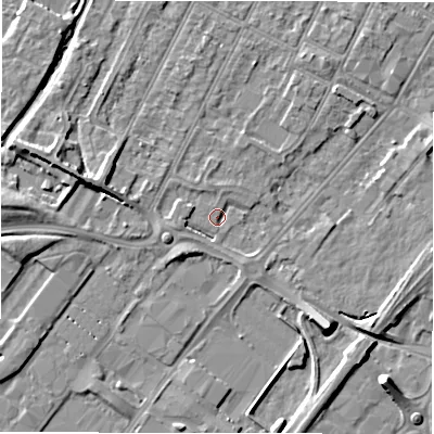 Shaded relief map of the ground around DE142EA, computed from Environment Agency LiDAR. The ground here sits at about 47 m above sea level and falls 7 m across the surrounding 800 m. Surface water reaching this point runs off ground lying to the west, 2.8 m higher.