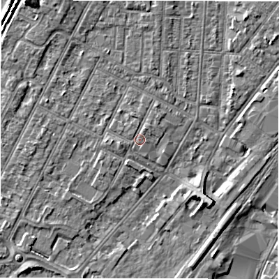 Shaded relief map of the ground around DE142ED, computed from Environment Agency LiDAR. The ground here sits at about 47 m above sea level and falls 7 m across the surrounding 800 m. Surface water reaching this point runs off ground lying to the west-south-west, 0.7 m higher.