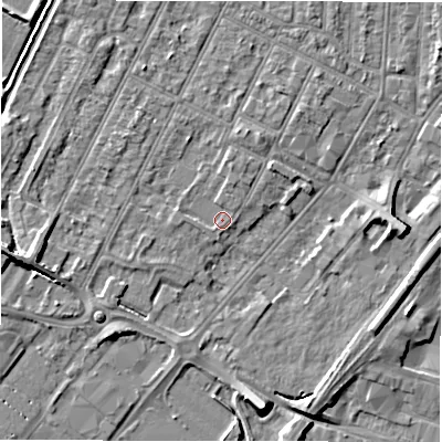 Shaded relief map of the ground around DE142EE, computed from Environment Agency LiDAR. The ground here sits at about 47 m above sea level and falls 7 m across the surrounding 800 m. Surface water reaching this point runs off ground lying to the west, 0.9 m higher.