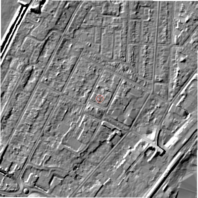 Shaded relief map of the ground around DE142EF, computed from Environment Agency LiDAR. The ground here sits at about 47 m above sea level and falls 6 m across the surrounding 800 m. Surface water reaching this point runs off ground lying to the north-east, 0.9 m higher.