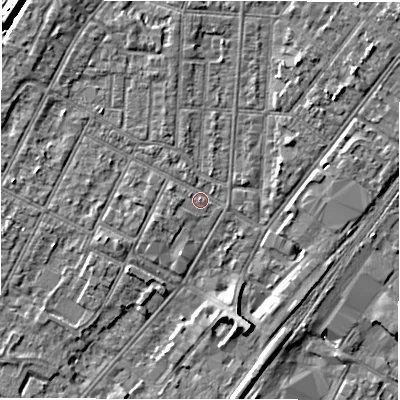 Shaded relief map of the ground around DE142EG, computed from Environment Agency LiDAR. The ground here sits at about 47 m above sea level and falls 6 m across the surrounding 800 m. Surface water reaching this point runs off ground lying to the north-north-west, 2.2 m higher.
