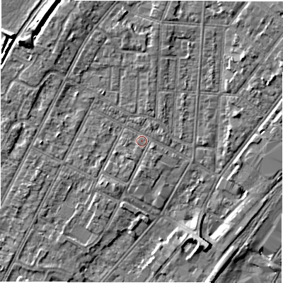 Shaded relief map of the ground around DE142EH, computed from Environment Agency LiDAR. The ground here sits at about 47 m above sea level and falls 7 m across the surrounding 800 m. Surface water reaching this point runs off ground lying to the north-north-west, 2.1 m higher.