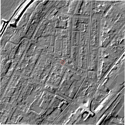 Shaded relief map of the ground around DE142EJ, computed from Environment Agency LiDAR. The ground here sits at about 46 m above sea level and falls 7 m across the surrounding 800 m. Surface water reaching this point runs off ground lying to the north-north-west, 2.1 m higher.