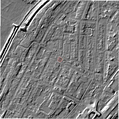 Shaded relief map of the ground around DE142EL, computed from Environment Agency LiDAR. The ground here sits at about 46 m above sea level and falls 6 m across the surrounding 800 m. Surface water reaching this point runs off ground lying to the north-north-west, 2.1 m higher.