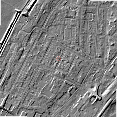 Shaded relief map of the ground around DE142EN, computed from Environment Agency LiDAR. The ground here sits at about 47 m above sea level and falls 6 m across the surrounding 800 m. Surface water reaching this point runs off ground lying to the south-south-east, 1.7 m higher.