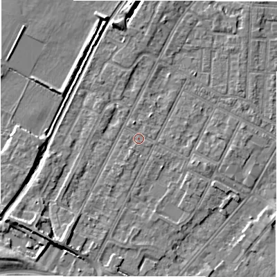 Shaded relief map of the ground around DE142EP, computed from Environment Agency LiDAR. The ground here sits at about 47 m above sea level and falls 6 m across the surrounding 800 m. Surface water reaching this point runs off ground lying to the south-south-west, 0.5 m higher.