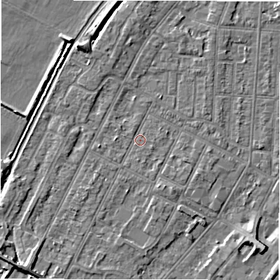 Shaded relief map of the ground around DE142ER, computed from Environment Agency LiDAR. The ground here sits at about 47 m above sea level and falls 6 m across the surrounding 800 m. Surface water reaching this point runs off ground lying to the south-south-west, 1.5 m higher.