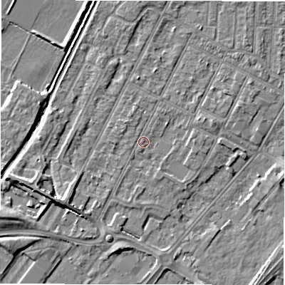 Shaded relief map of the ground around DE142ET, computed from Environment Agency LiDAR. The ground here sits at about 47 m above sea level and falls 6 m across the surrounding 800 m. Surface water reaching this point runs off ground lying to the south-west, 1.5 m higher.