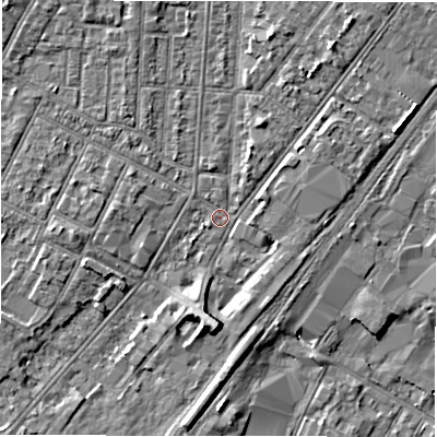 Shaded relief map of the ground around DE142EU, computed from Environment Agency LiDAR. The ground here sits at about 46 m above sea level and falls 6 m across the surrounding 800 m. Surface water reaching this point runs off ground lying to the south, 5.3 m higher.
