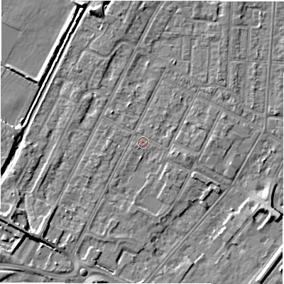 Shaded relief map of the ground around DE142EW, computed from Environment Agency LiDAR. The ground here sits at about 47 m above sea level and falls 6 m across the surrounding 800 m. Surface water reaching this point runs off ground lying to the south-west, 1.5 m higher.