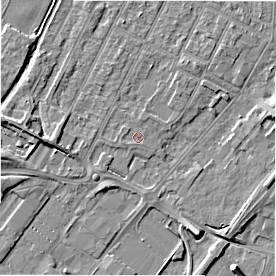 Shaded relief map of the ground around DE142EX, computed from Environment Agency LiDAR. The ground here sits at about 47 m above sea level and falls 7 m across the surrounding 800 m. Surface water reaching this point runs off ground lying to the west-south-west, 0.8 m higher.