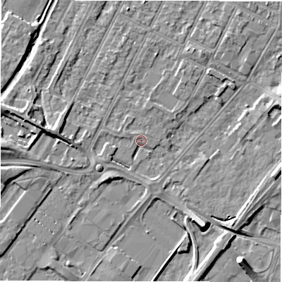 Shaded relief map of the ground around DE142EY, computed from Environment Agency LiDAR. The ground here sits at about 47 m above sea level and falls 7 m across the surrounding 800 m. Surface water reaching this point runs off ground lying to the west, 2.8 m higher.