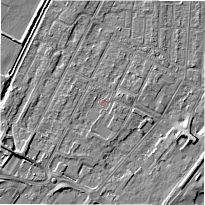 Shaded relief map of the ground around DE142EZ, computed from Environment Agency LiDAR. The ground here sits at about 47 m above sea level and falls 7 m across the surrounding 800 m. Surface water reaching this point runs off ground lying to the south-west, 1.5 m higher.