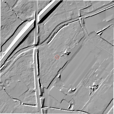 Shaded relief map of the ground around DE142FB, computed from Environment Agency LiDAR. The ground here sits at about 46 m above sea level and falls 13 m across the surrounding 800 m. Surface water reaching this point runs off ground lying to the south, 0.9 m higher.