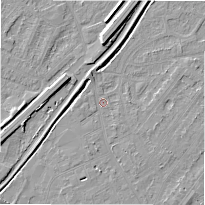 Shaded relief map of the ground around DE142FD, computed from Environment Agency LiDAR. The ground here sits at about 46 m above sea level and falls 9 m across the surrounding 800 m. Surface water reaching this point runs off ground lying to the north-north-west, 2.2 m higher.