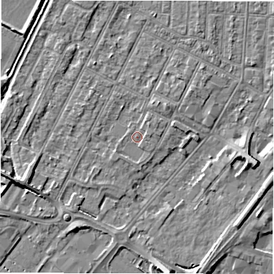 Shaded relief map of the ground around DE142FE, computed from Environment Agency LiDAR. The ground here sits at about 47 m above sea level and falls 7 m across the surrounding 800 m. Surface water reaching this point runs off ground lying to the north-east, 1.3 m higher.