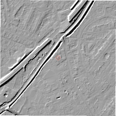 Shaded relief map of the ground around DE142FF, computed from Environment Agency LiDAR. The ground here sits at about 47 m above sea level and falls 9 m across the surrounding 800 m. Surface water reaching this point runs off ground lying to the north-east, 0.7 m higher.