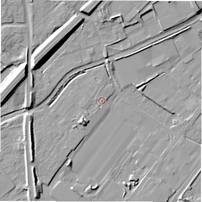 Shaded relief map of the ground around DE142FG, computed from Environment Agency LiDAR. The ground here sits at about 46 m above sea level and falls 12 m across the surrounding 800 m. Surface water reaching this point runs off ground lying to the south-west, 1.5 m higher.