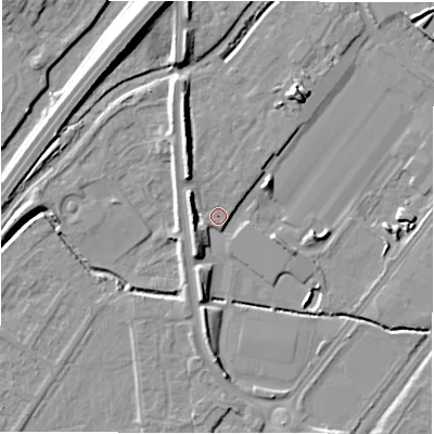 Shaded relief map of the ground around DE142FH, computed from Environment Agency LiDAR. The ground here sits at about 47 m above sea level and falls 12 m across the surrounding 800 m. Surface water reaching this point runs off ground lying to the north-north-west, 6.7 m higher.