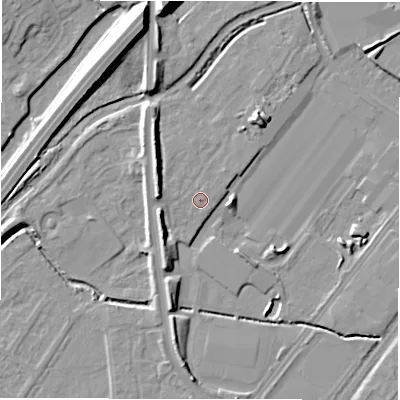 Shaded relief map of the ground around DE142FJ, computed from Environment Agency LiDAR. The ground here sits at about 47 m above sea level and falls 13 m across the surrounding 800 m. Surface water reaching this point runs off ground lying to the west, 4.7 m higher.