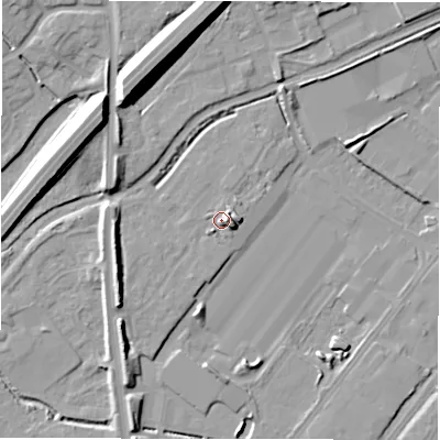 Shaded relief map of the ground around DE142FN, computed from Environment Agency LiDAR. The ground here sits at about 47 m above sea level and falls 12 m across the surrounding 800 m. Surface water reaching this point runs off ground lying to the east, 4.4 m higher.