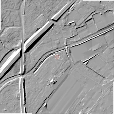 Shaded relief map of the ground around DE142FQ, computed from Environment Agency LiDAR. The ground here sits at about 46 m above sea level and falls 12 m across the surrounding 800 m. Surface water reaching this point runs off ground lying to the south-east, 0.8 m higher.