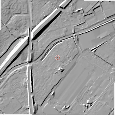 Shaded relief map of the ground around DE142FR, computed from Environment Agency LiDAR. The ground here sits at about 46 m above sea level and falls 12 m across the surrounding 800 m. Surface water reaching this point runs off ground lying to the south-south-east, 4.4 m higher.
