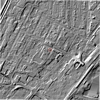Shaded relief map of the ground around DE142FY, computed from Environment Agency LiDAR. The ground here sits at about 47 m above sea level and falls 6 m across the surrounding 800 m. Surface water reaching this point runs off ground lying to the north, 1.2 m higher.