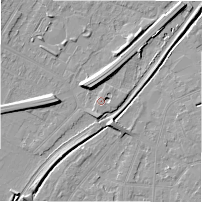 Shaded relief map of the ground around DE142GA, computed from Environment Agency LiDAR. The ground here sits at about 48 m above sea level and falls 9 m across the surrounding 800 m. Surface water reaching this point runs off ground lying to the north-north-west, 6.5 m higher.