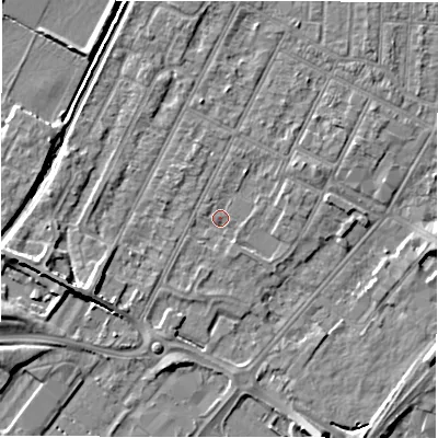 Shaded relief map of the ground around DE142GB, computed from Environment Agency LiDAR. The ground here sits at about 47 m above sea level and falls 7 m across the surrounding 800 m. Surface water reaching this point runs off ground lying to the east-north-east, 1.3 m higher.